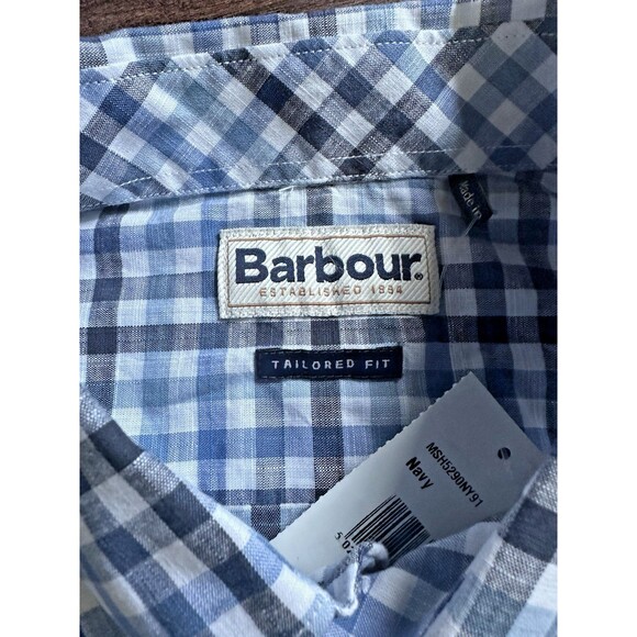 Barbour Men's Kinson Gingham Short Sleeve Button-Down Shirt Navy Blue White M - Picture 4 of 5
